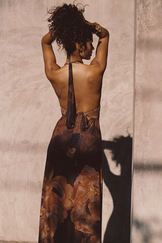 Natalia Olive and Rust Abstract Strapless Maxi Dress